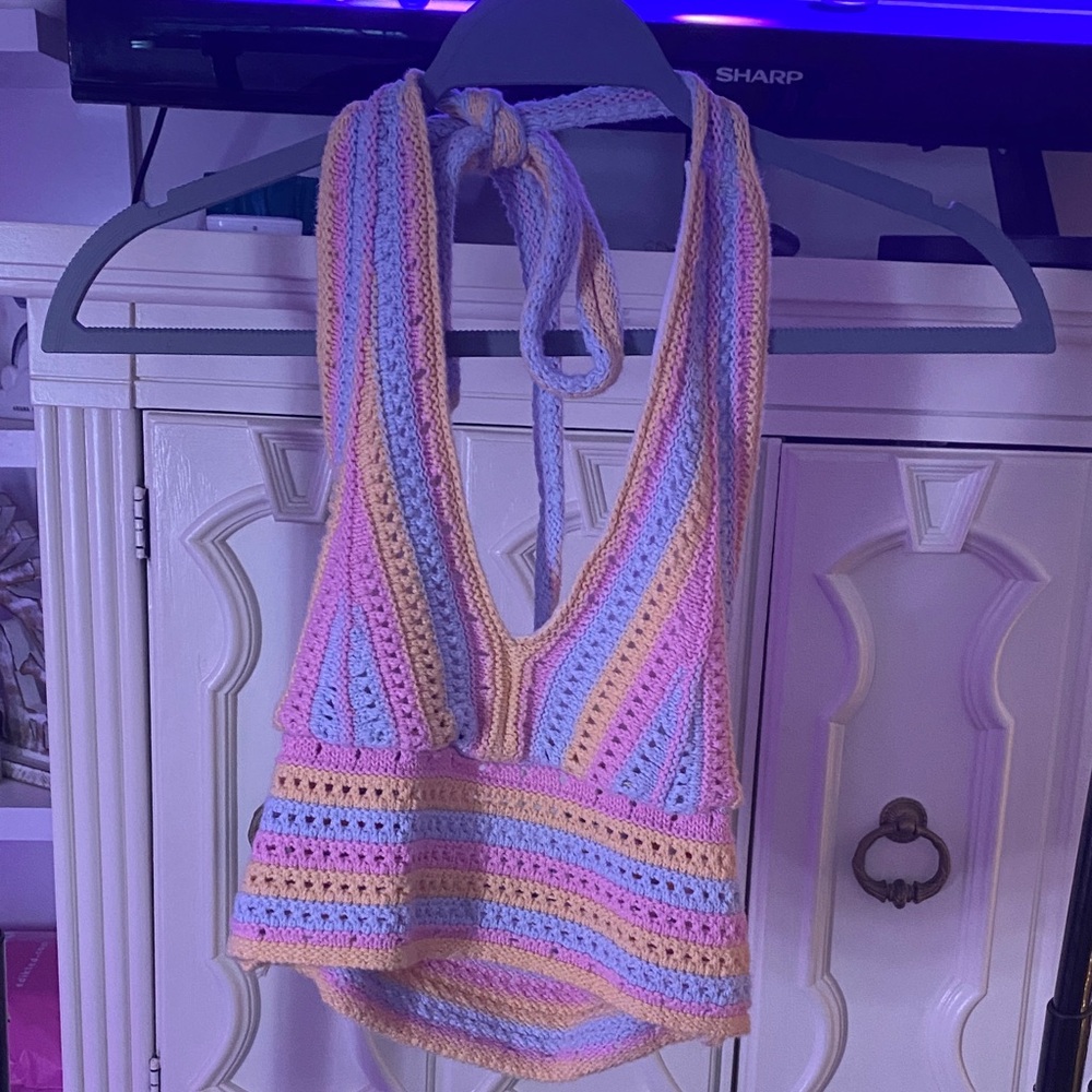 Hollister Pastel Striped Crochet Halter Top
